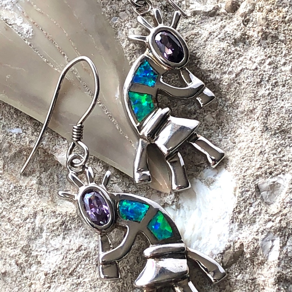 Hopi Amethyst Opal Kokopelli Dangle Earrings